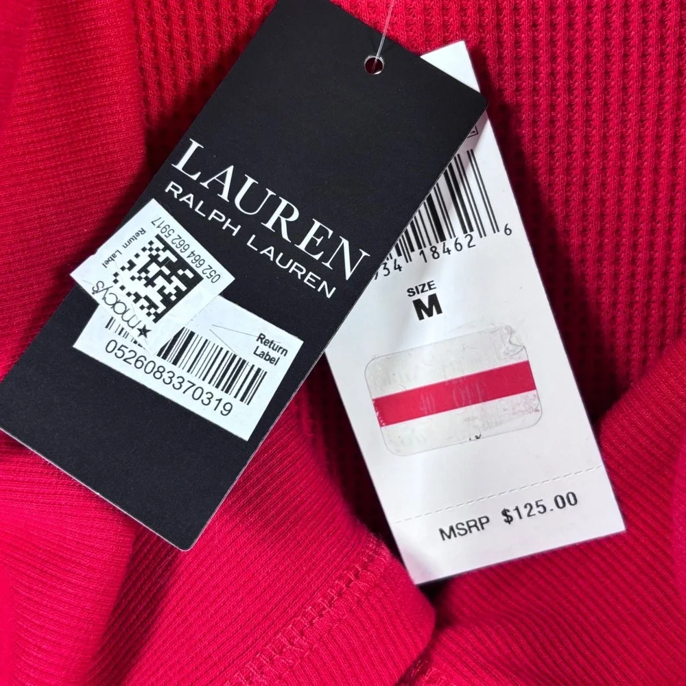 Lauren Ralph  Womens Open Cardigan Red Waffle Knit Shawl Collar Size M‎ NEW
